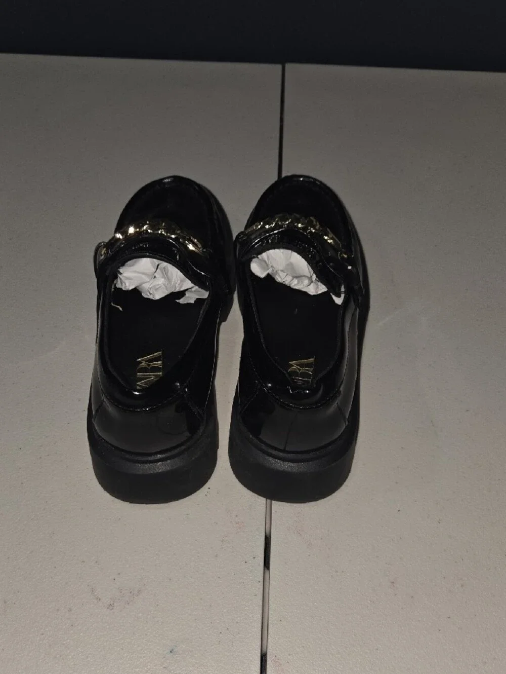Zara Black Patent Loafers with Gold Chain